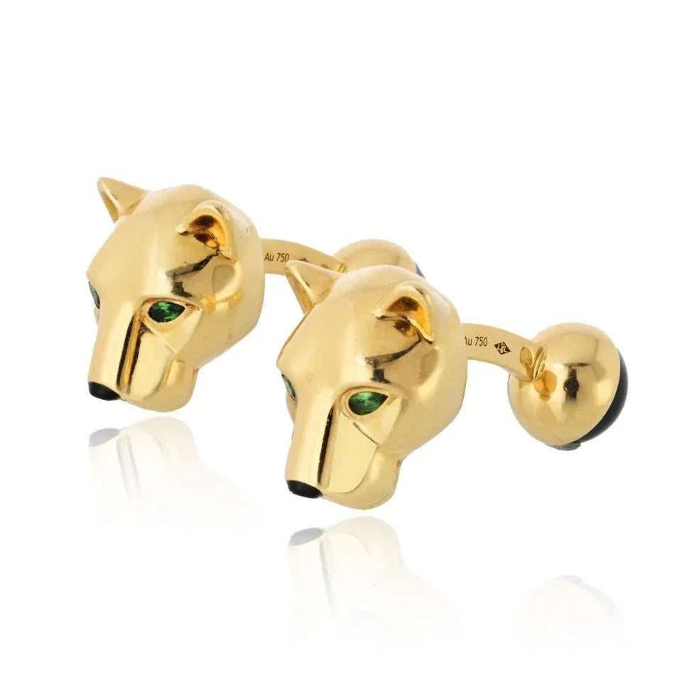 Cartier Panthere 18K Yellow Gold Black Onyx Nose And Green Eyes Cuff Links - The Back Vault