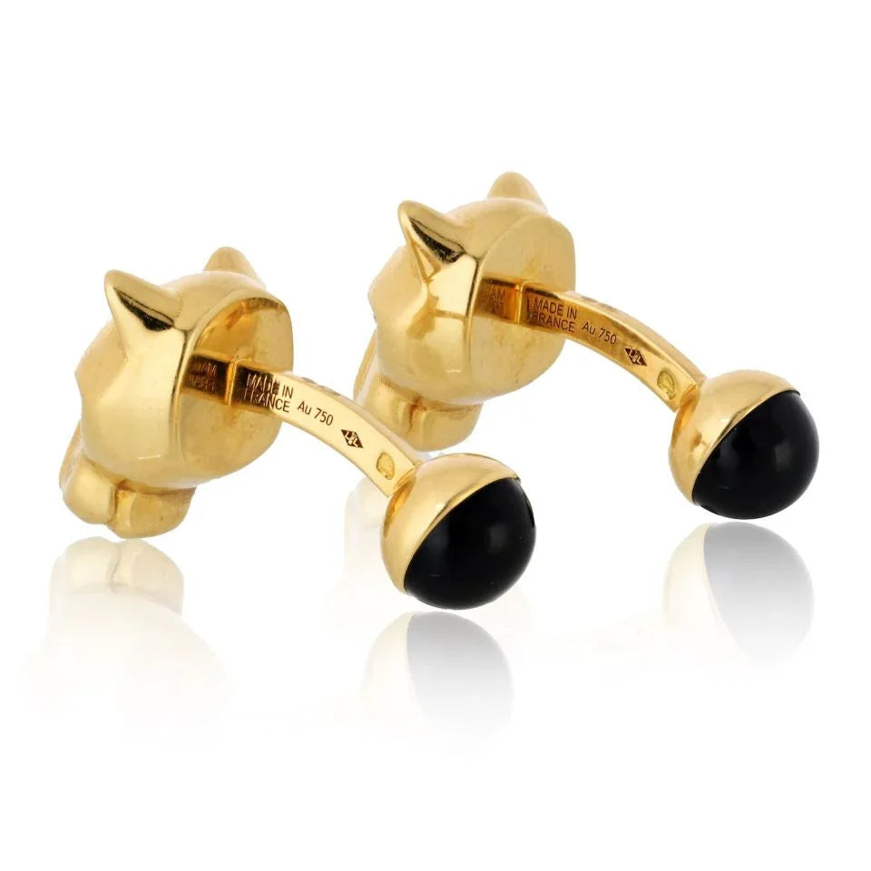 Cartier Panthere 18K Yellow Gold Black Onyx Nose And Green Eyes Cuff Links - The Back Vault