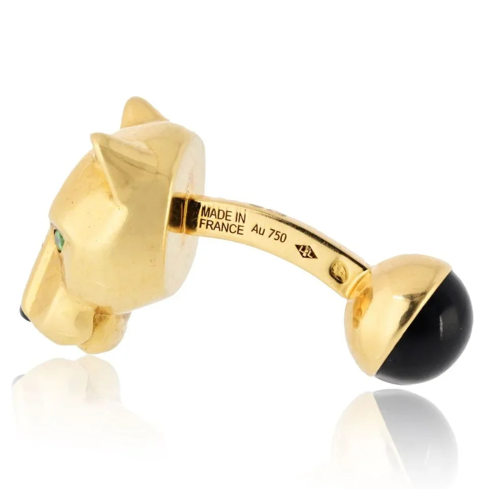 Cartier Panthere 18K Yellow Gold Black Onyx Nose And Green Eyes Cuff Links - The Back Vault