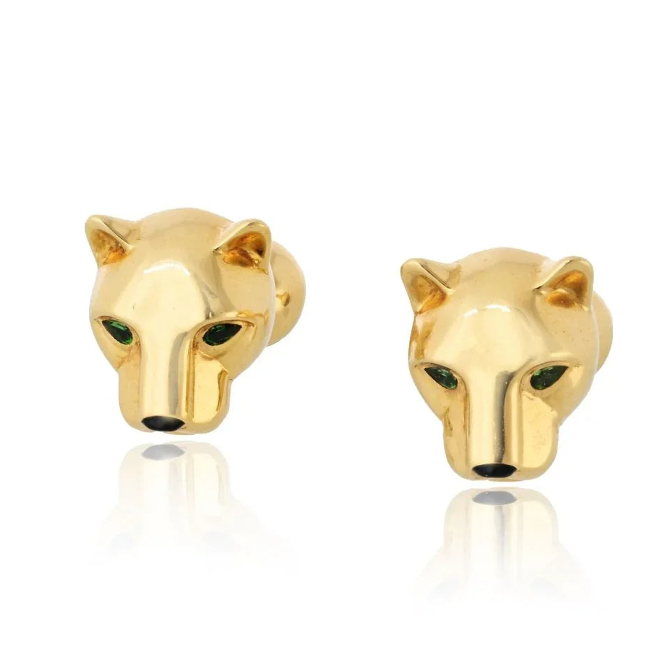 Cartier Panthere 18K Yellow Gold Black Onyx Nose And Green Eyes Cuff Links - The Back Vault