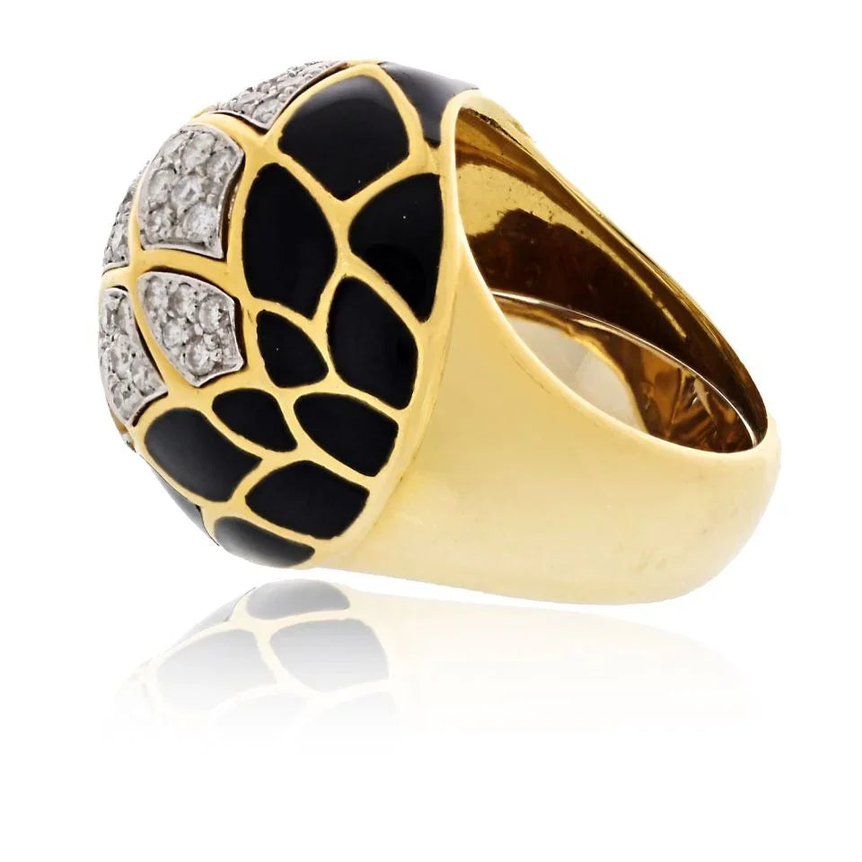 David Webb Platinum & 18K Yellow Gold Pave Set Diamonds and Black Enamel Ring - The Back Vault