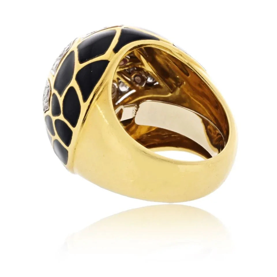 David Webb Platinum & 18K Yellow Gold Pave Set Diamonds and Black Enamel Ring - The Back Vault