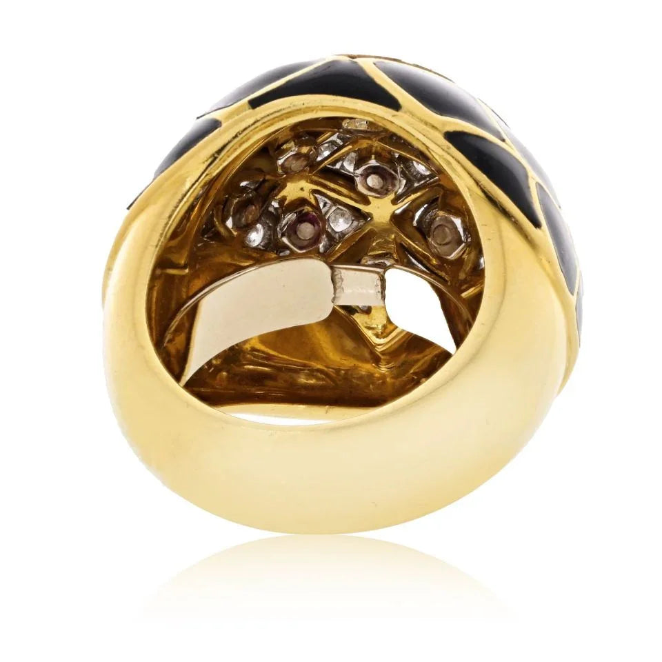 David Webb Platinum & 18K Yellow Gold Pave Set Diamonds and Black Enamel Ring - The Back Vault