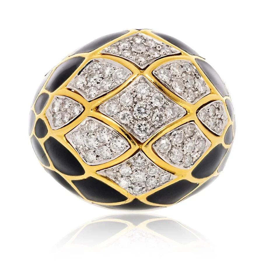 David Webb Platinum & 18K Yellow Gold Pave Set Diamonds and Black Enamel Ring - The Back Vault