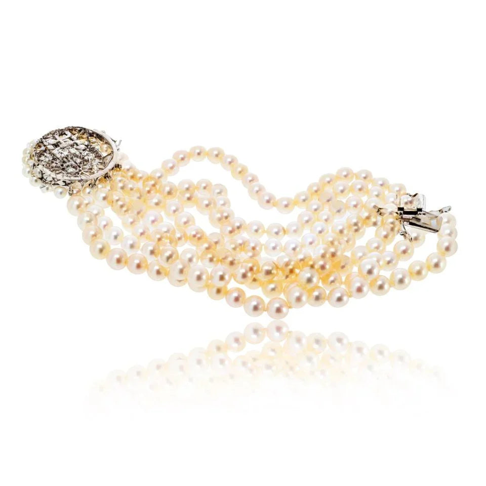 David Webb Platinum 1960's Pearl Multi-String Diamond Clasp Bracelet - The Back Vault