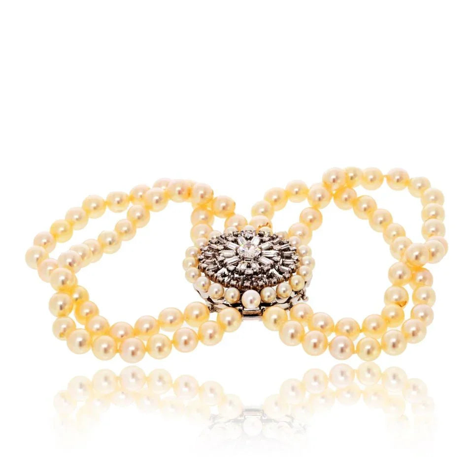 David Webb Platinum 1960's Pearl Multi-String Diamond Clasp Bracelet - The Back Vault