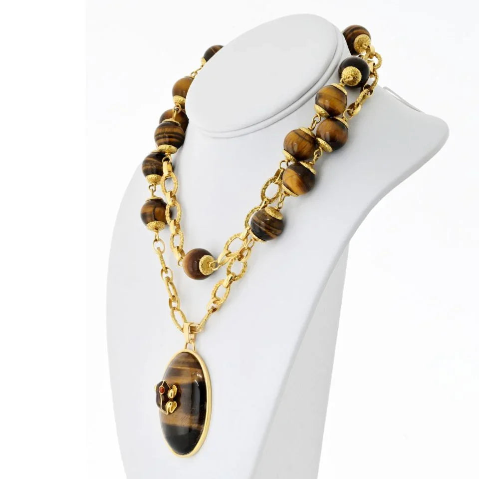 David Webb 18K Yellow Gold 1960's Tiger Eye Long Bead With A Frog Necklace - The Back Vault