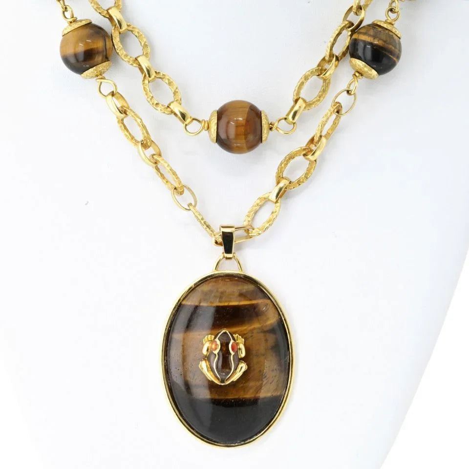David Webb 18K Yellow Gold 1960's Tiger Eye Long Bead With A Frog Necklace - The Back Vault
