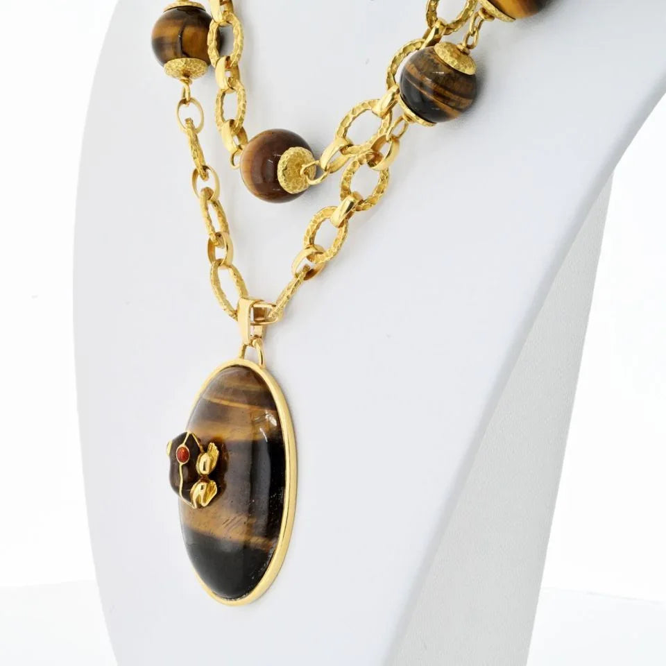 David Webb 18K Yellow Gold 1960's Tiger Eye Long Bead With A Frog Necklace - The Back Vault