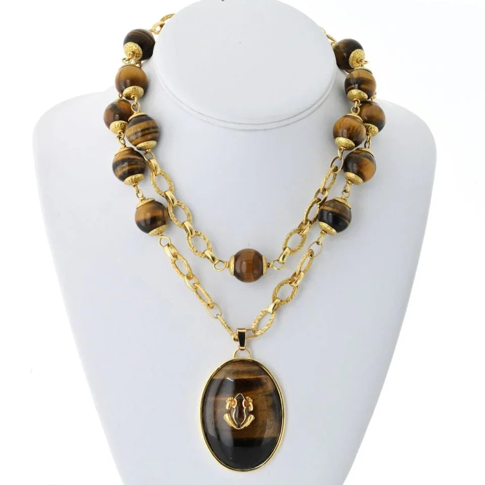 David Webb 18K Yellow Gold 1960's Tiger Eye Long Bead With A Frog Necklace - The Back Vault