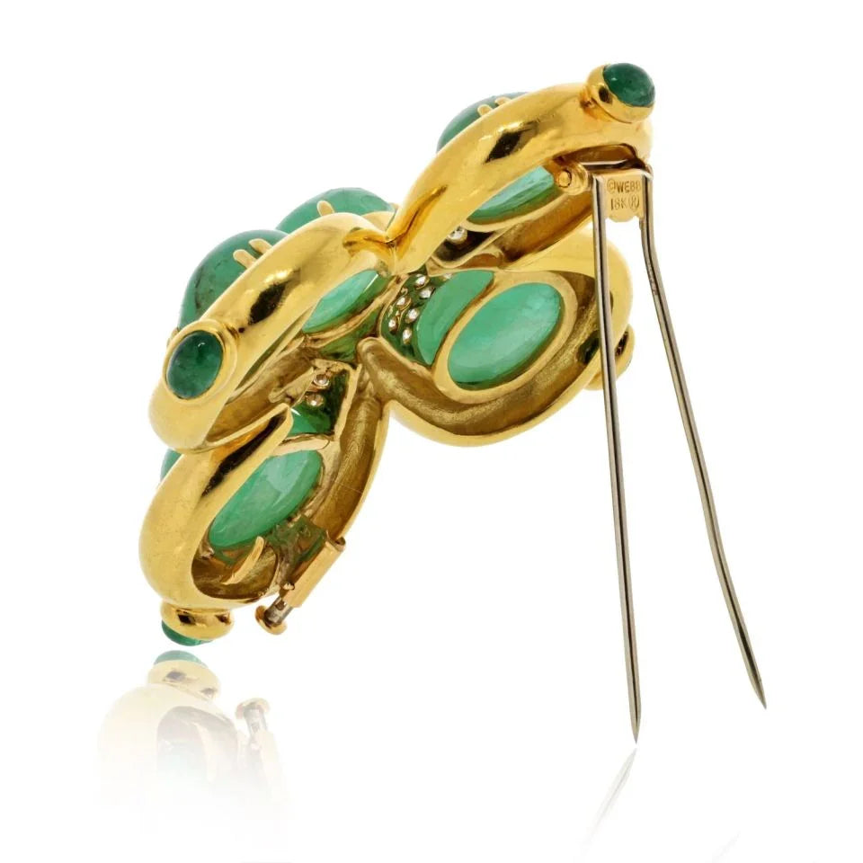 David Webb 18K Yellow Gold Cabochon Cut Green Emerald And Diamond Heraldic Brooch - The Back Vault