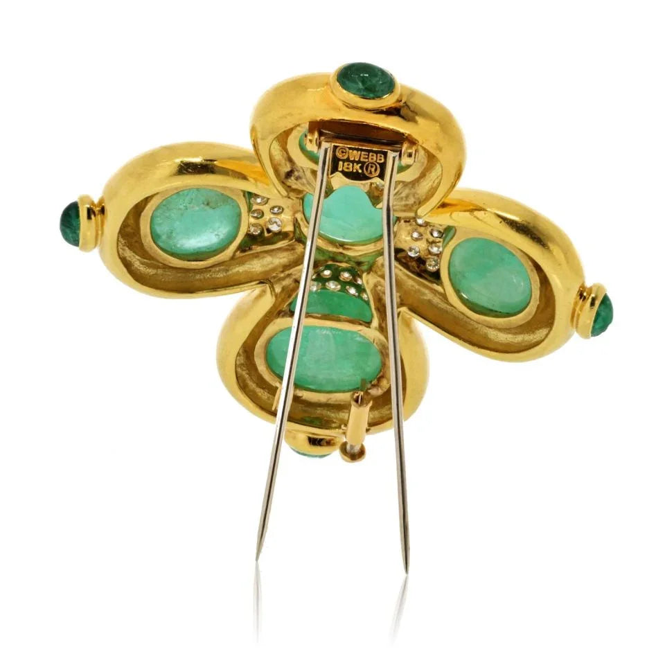 David Webb 18K Yellow Gold Cabochon Cut Green Emerald And Diamond Heraldic Brooch - The Back Vault