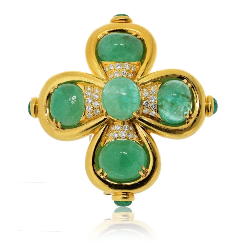 David Webb 18K Yellow Gold Cabochon Cut Green Emerald And Diamond Heraldic Brooch - The Back Vault