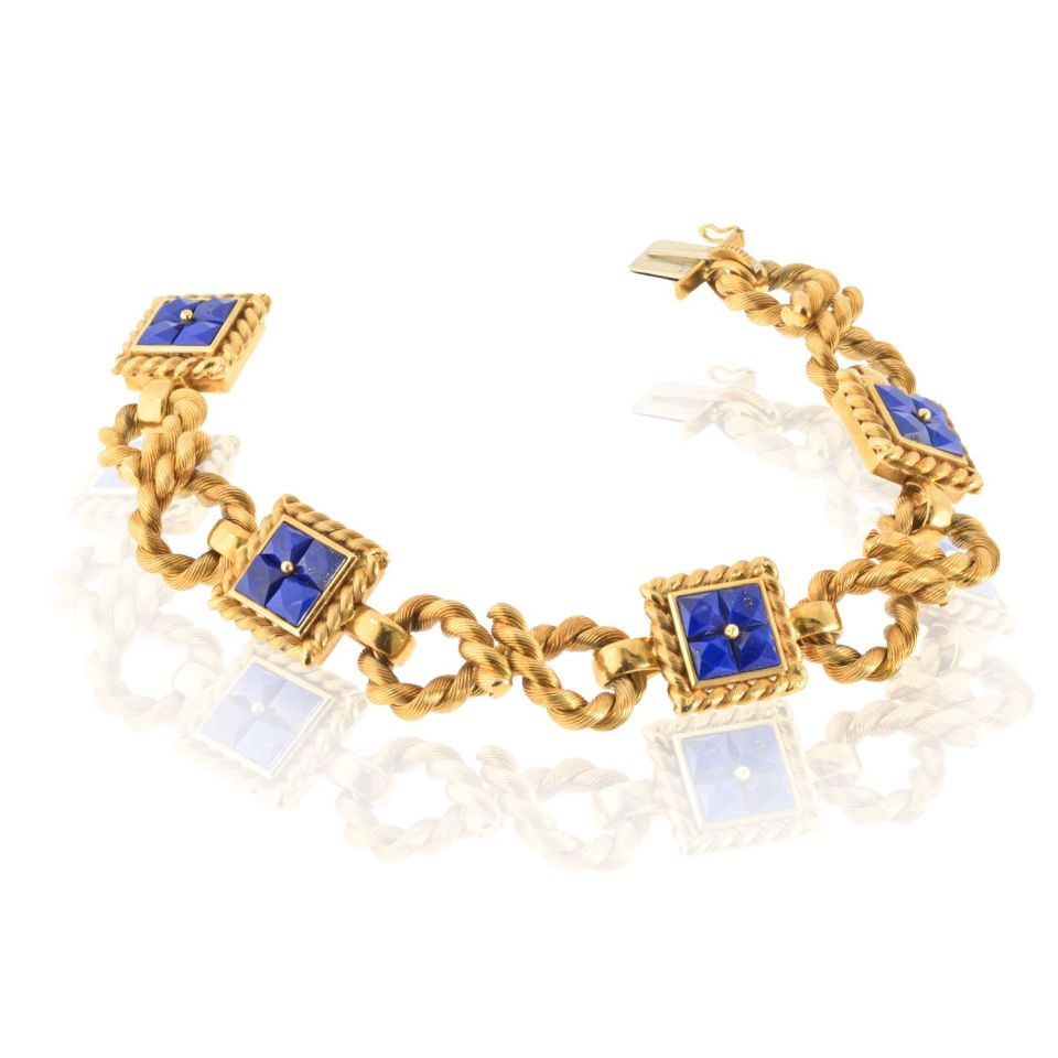 Carlo Weingrill 18K Yellow Gold Lapis Rope Link Bracelet