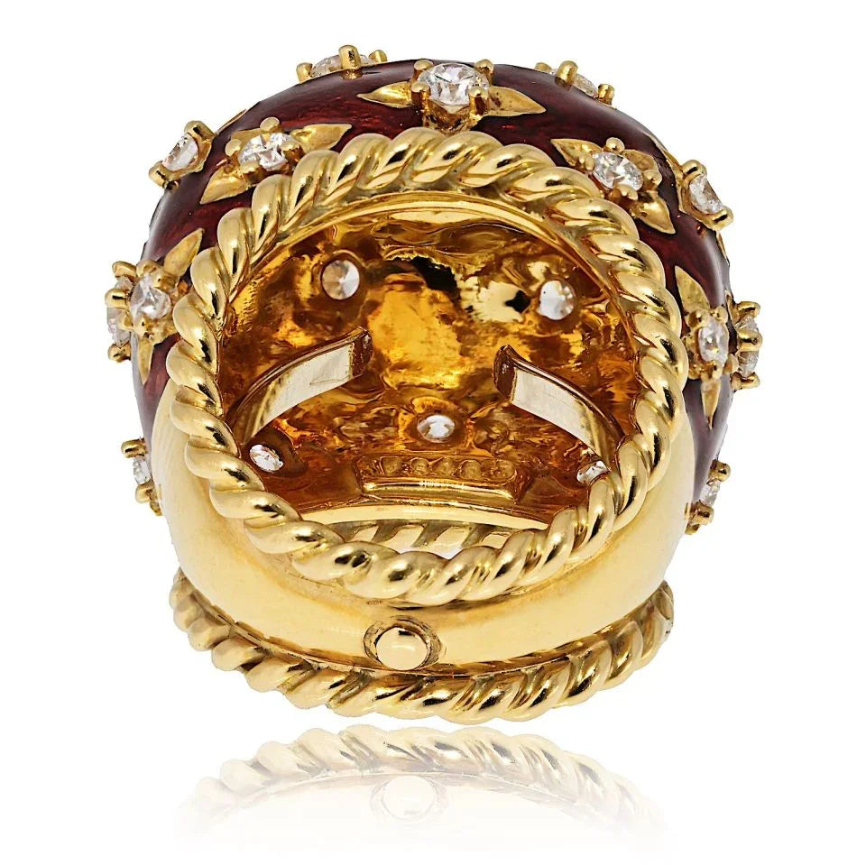 David Webb Platinum & 18K Yellow Gold Red Enamel Diamond Dome Ring - The Back Vault