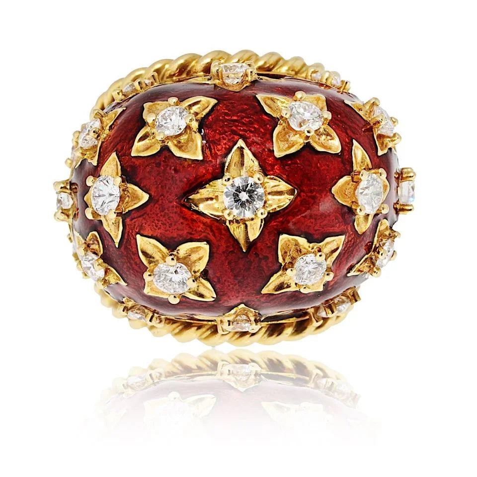 David Webb Platinum & 18K Yellow Gold Red Enamel Diamond Dome Ring - The Back Vault