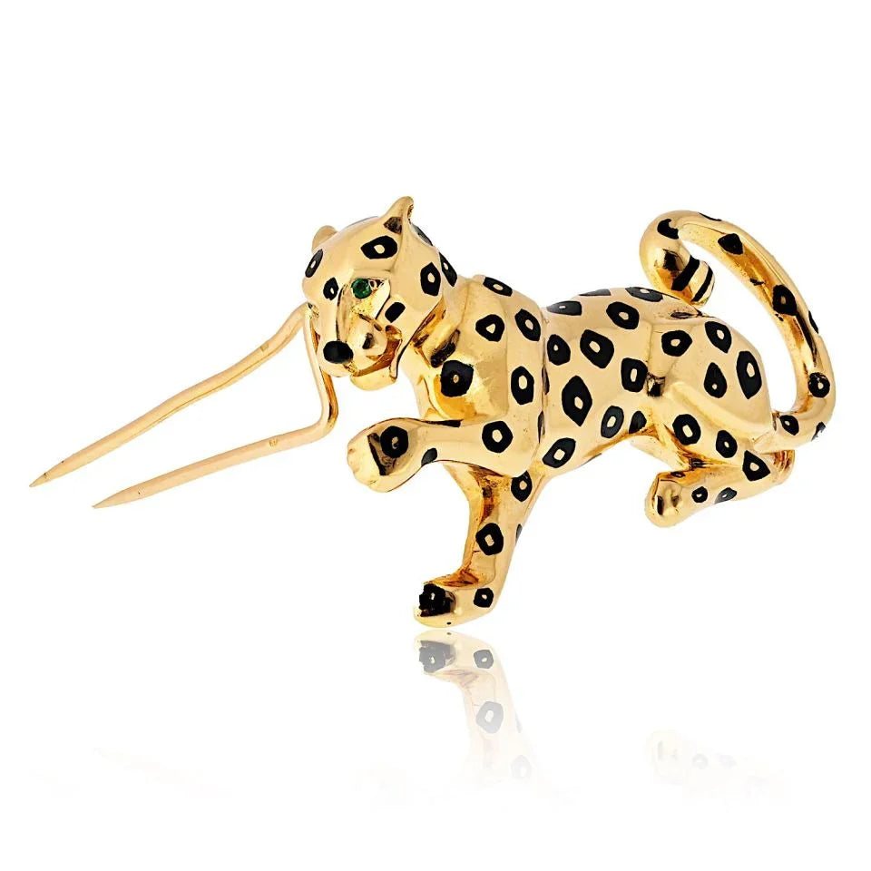 Cartier 18K Yellow Gold Panthere Black Enamel Spotted Brooch - The Back Vault