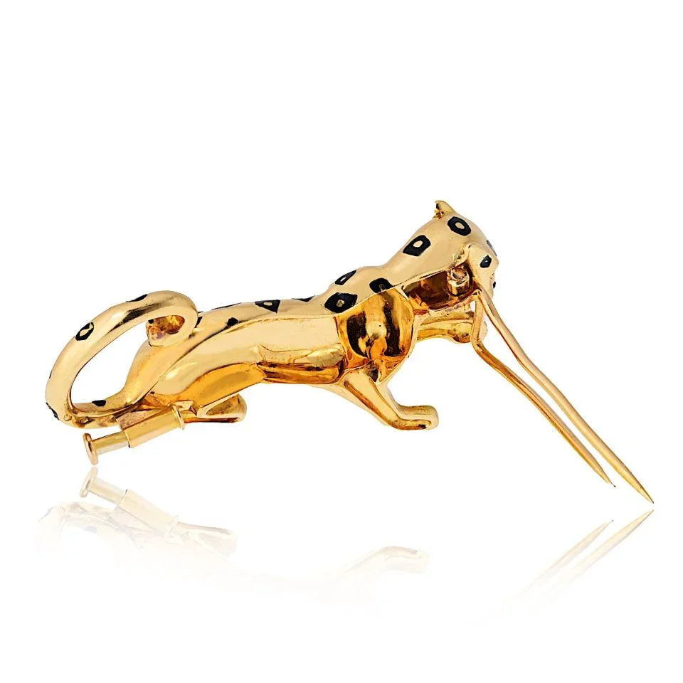 Cartier 18K Yellow Gold Panthere Black Enamel Spotted Brooch - The Back Vault