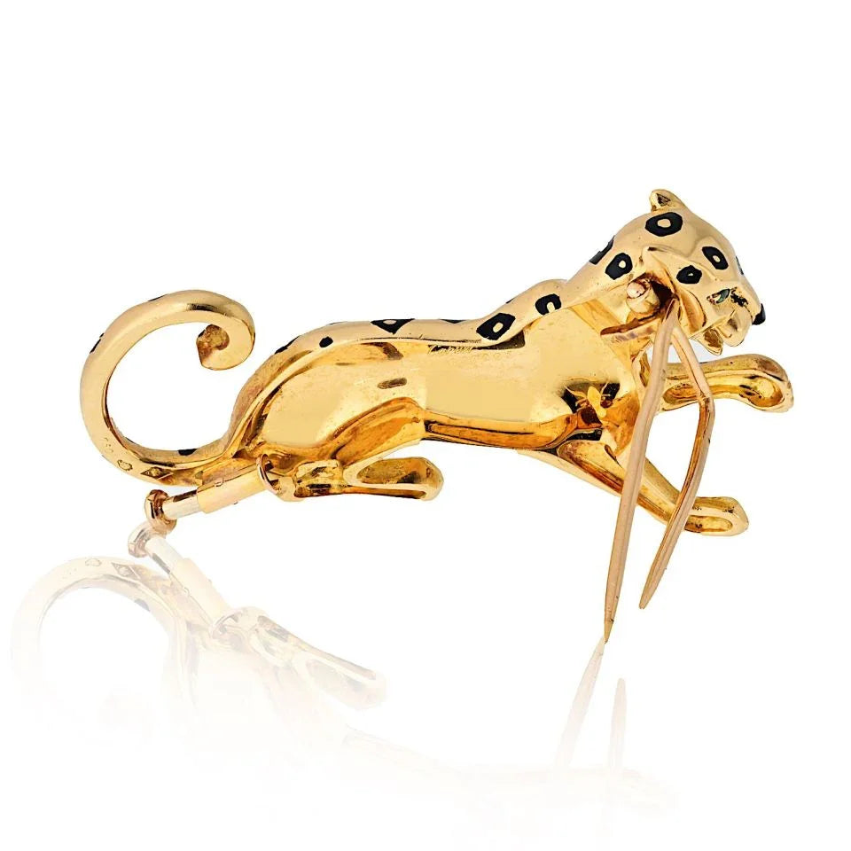 Cartier 18K Yellow Gold Panthere Black Enamel Spotted Brooch - The Back Vault