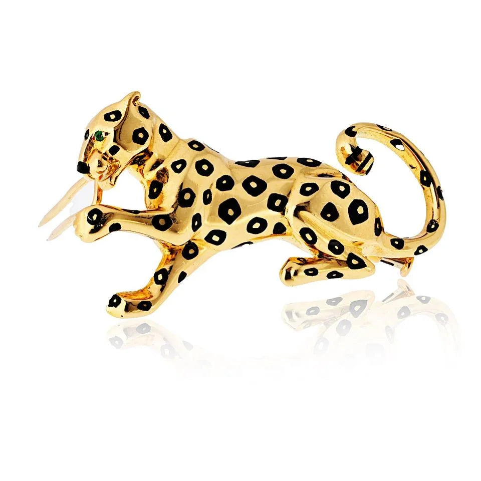 Cartier 18K Yellow Gold Panthere Black Enamel Spotted Brooch - The Back Vault
