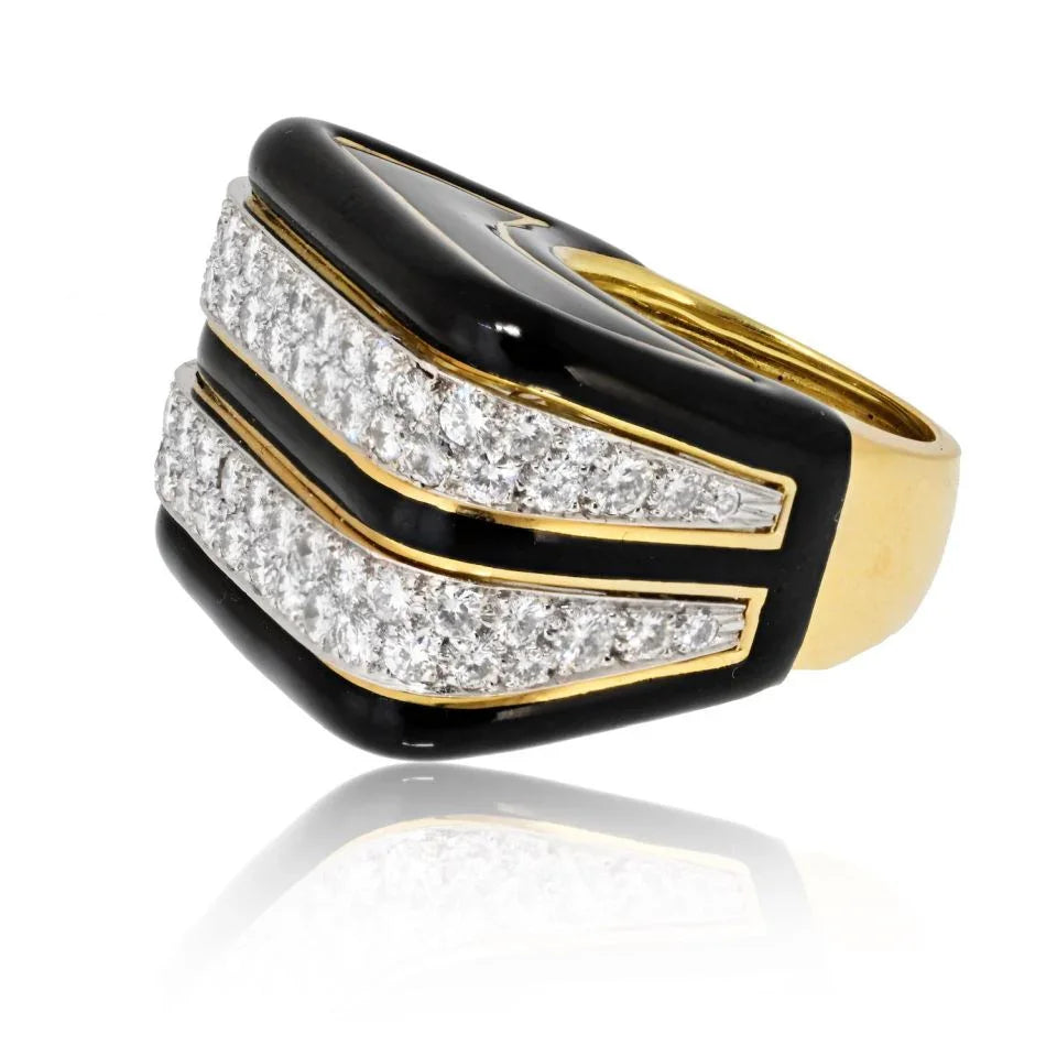 David Webb Platinum & 18K Yellow Gold Black Enamel And Diamond Cocktail Ring - The Back Vault