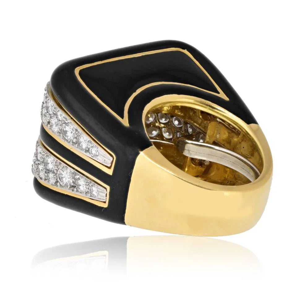 David Webb Platinum & 18K Yellow Gold Black Enamel And Diamond Cocktail Ring - The Back Vault