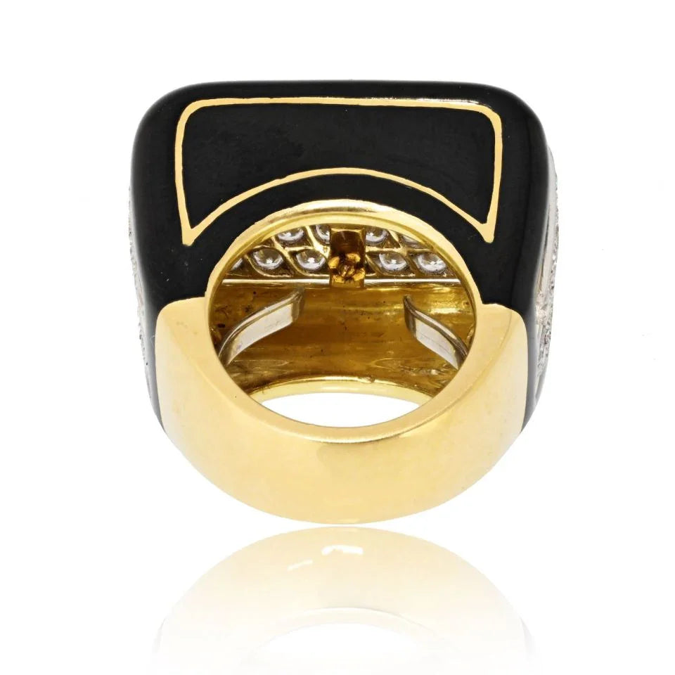 David Webb Platinum & 18K Yellow Gold Black Enamel And Diamond Cocktail Ring - The Back Vault