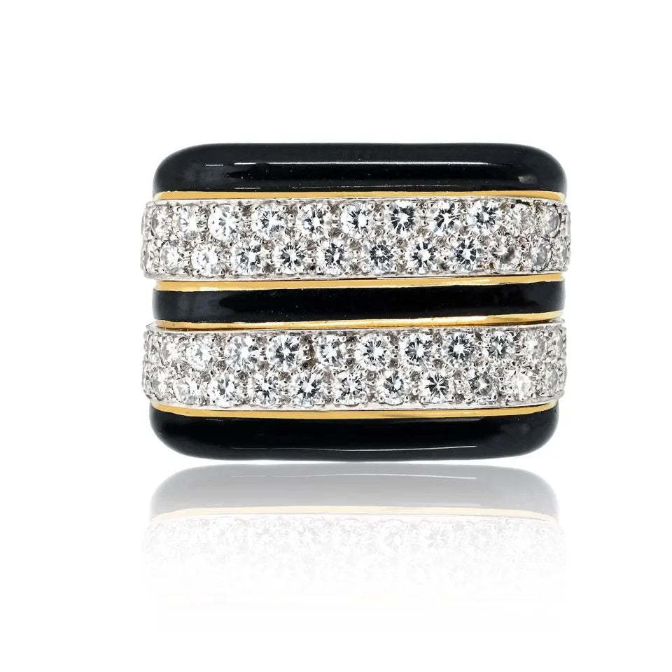 David Webb Platinum & 18K Yellow Gold Black Enamel And Diamond Cocktail Ring - The Back Vault