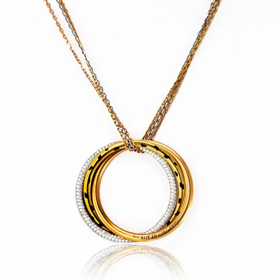 Cartier 18K Tri Color Trinity Diamond Spotted Panthere Circle Necklace - The Back Vault