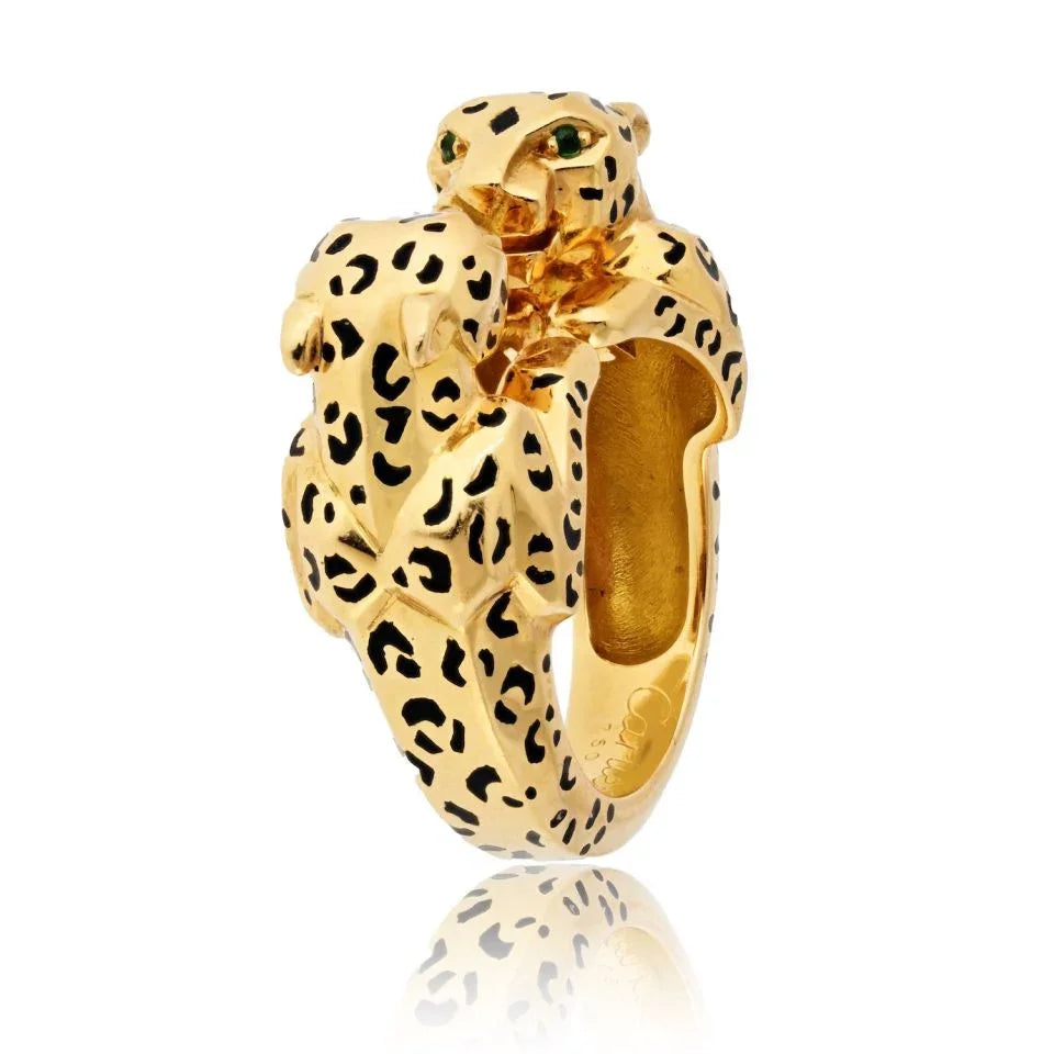 Cartier 18K Yellow Gold Double Panthere Spotted Head Ring - The Back Vault