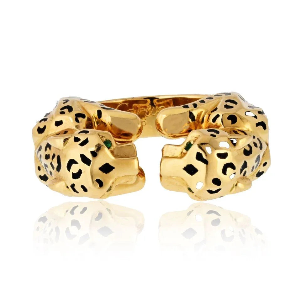 Cartier 18K Yellow Gold Double Panthere Spotted Head Ring - The Back Vault