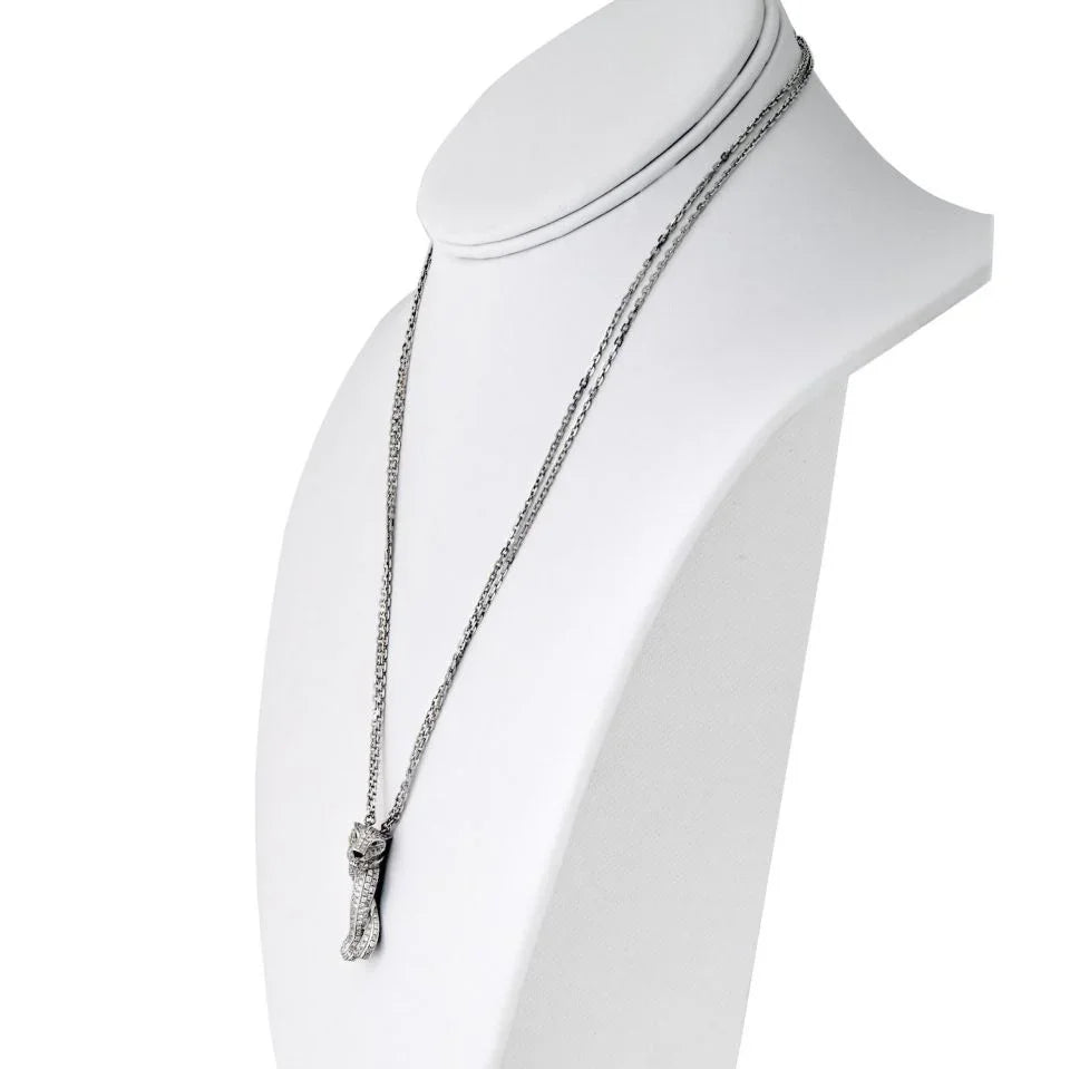 Cartier 18K White Gold Pave Panthere on a Triple Chain Pendant Necklace - The Back Vault