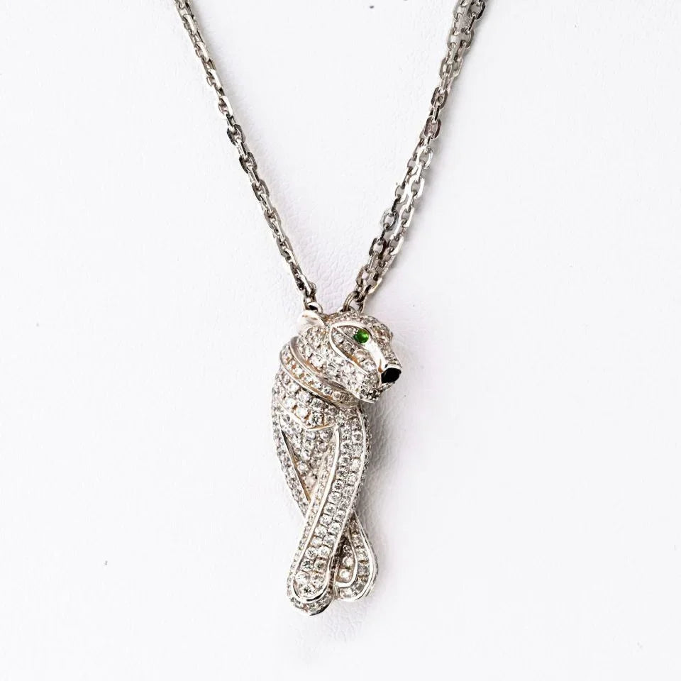 Cartier 18K White Gold Pave Panthere on a Triple Chain Pendant Necklace - The Back Vault