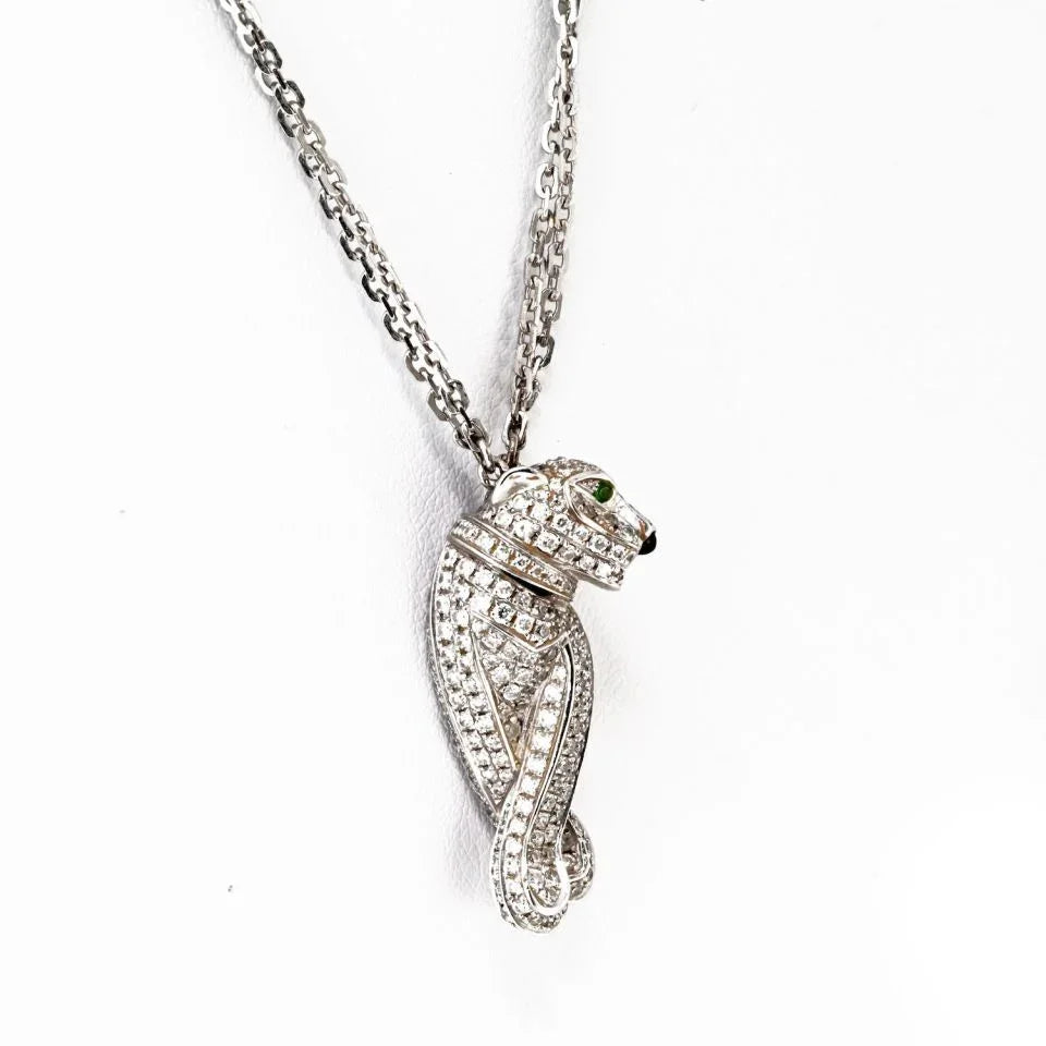 Cartier 18K White Gold Pave Panthere on a Triple Chain Pendant Necklace - The Back Vault
