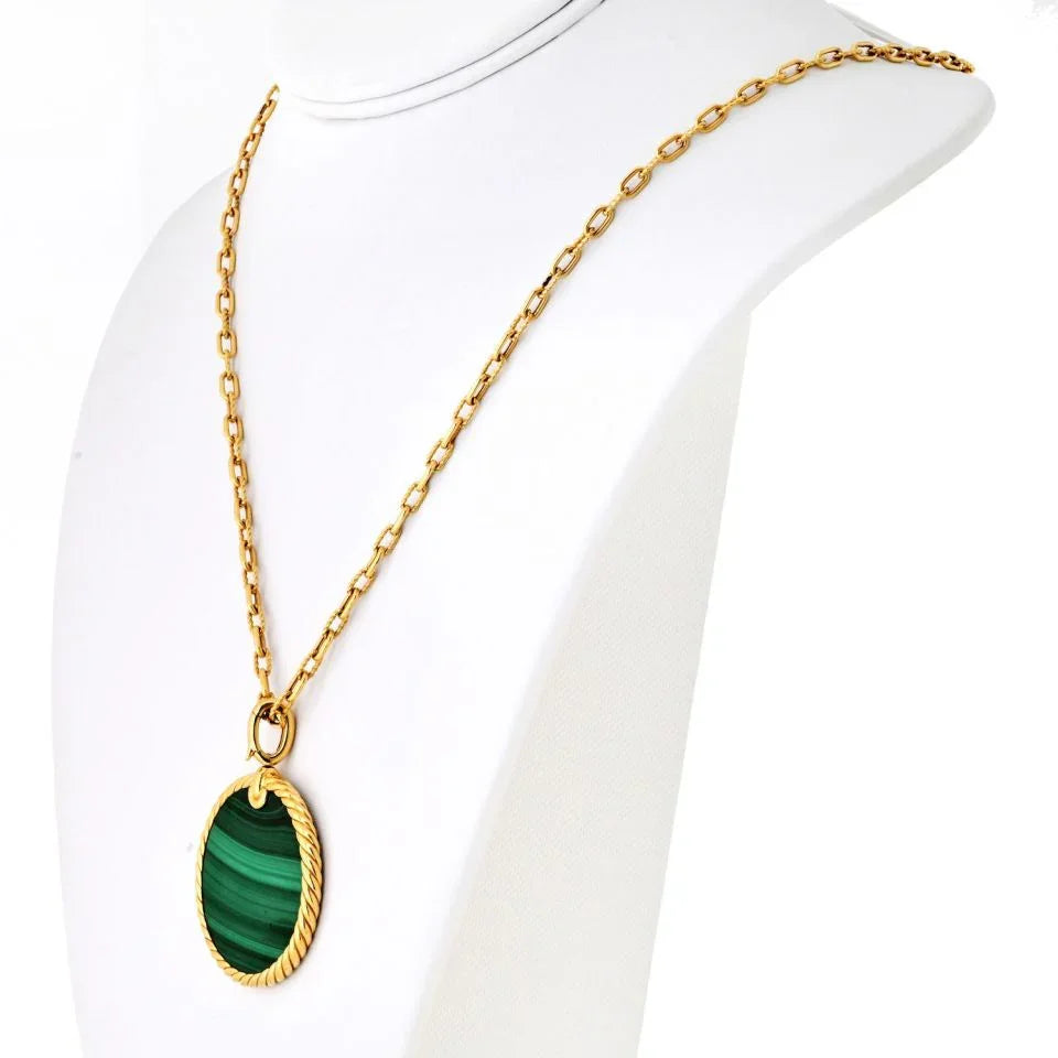 David Yurman 18K Yellow Gold Malachite Round Disc Pendant On A Chain Necklace - The Back Vault