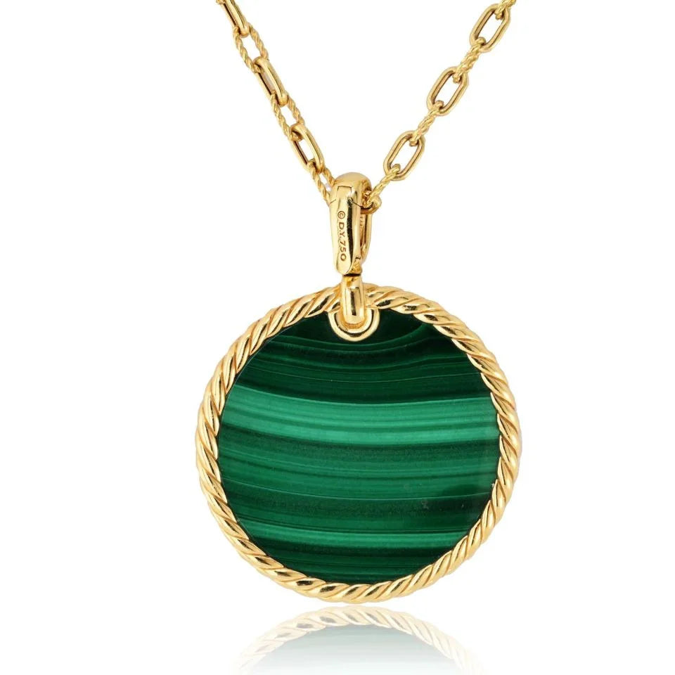 David Yurman 18K Yellow Gold Malachite Round Disc Pendant On A Chain Necklace - The Back Vault