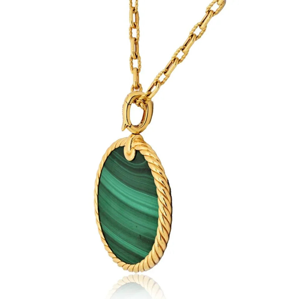 David Yurman 18K Yellow Gold Malachite Round Disc Pendant On A Chain Necklace - The Back Vault