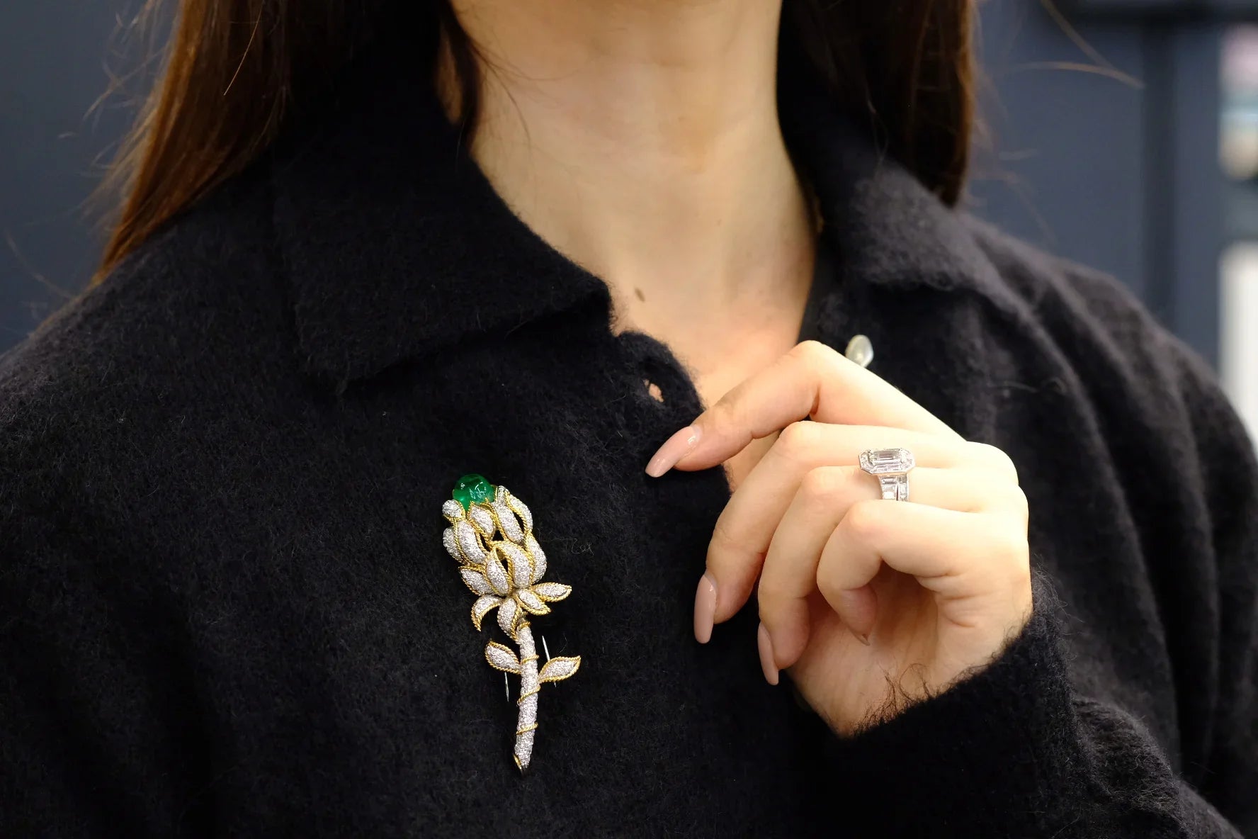 David Webb Platinum & 18K Yellow Gold Green Emerald And Diamond Flower Brooch - The Back Vault