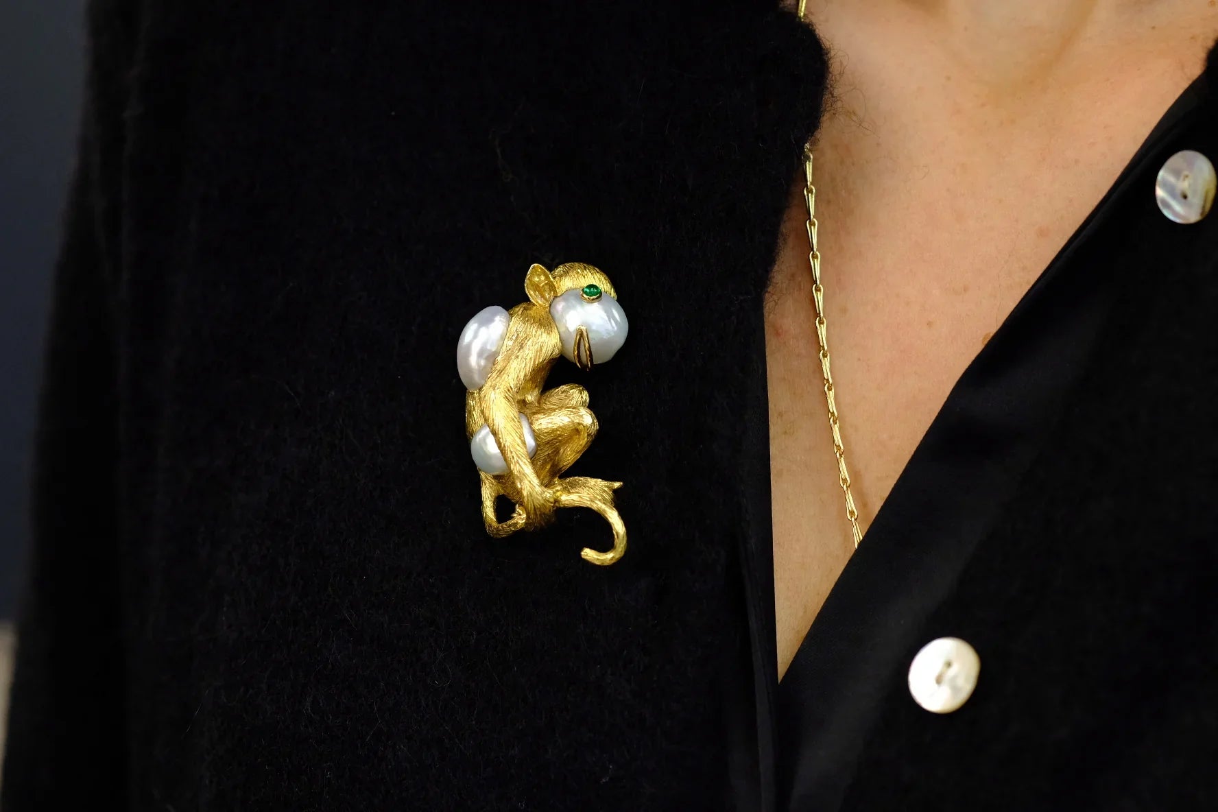 David Webb Platinum & 18K Yellow Gold Monkey On A Pearl And Emerald Eyes Brooch - The Back Vault