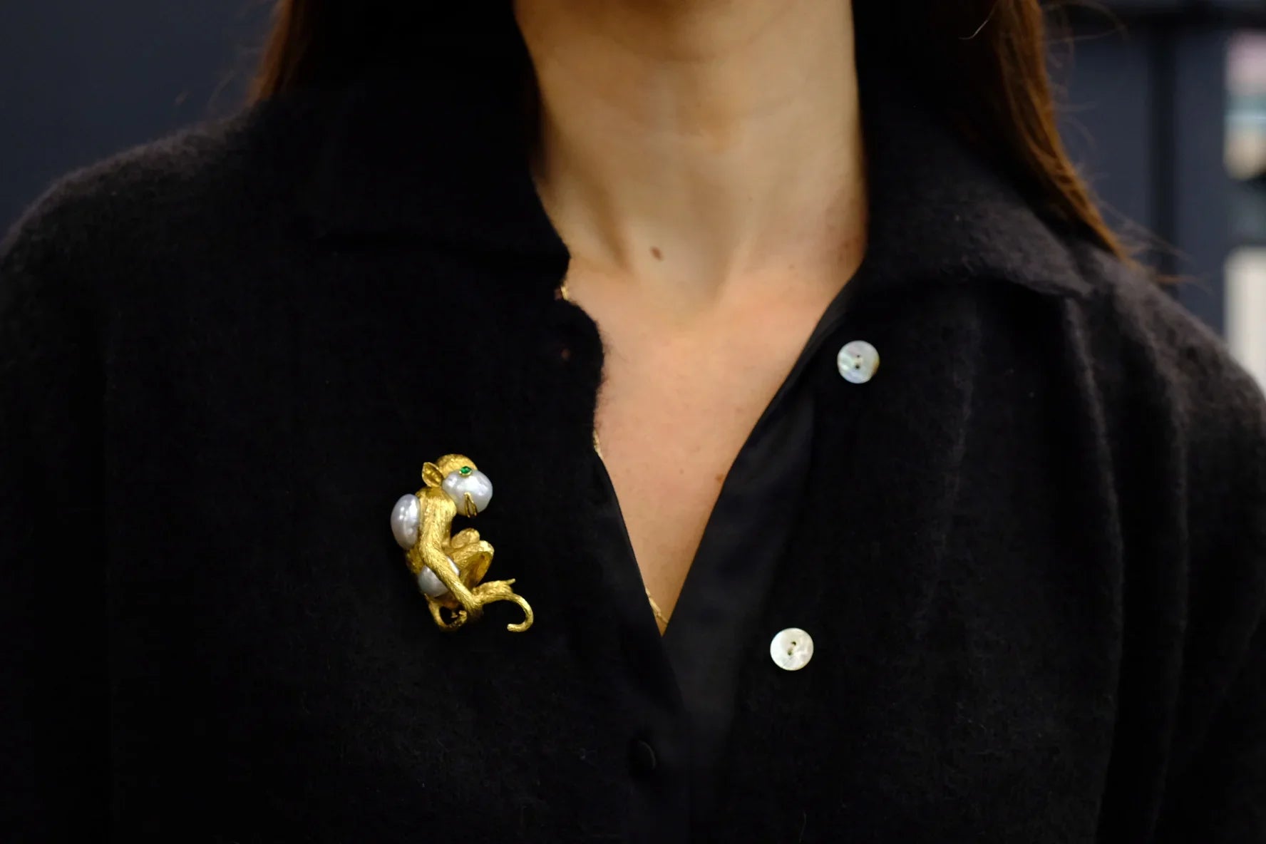 David Webb Platinum & 18K Yellow Gold Monkey On A Pearl And Emerald Eyes Brooch - The Back Vault