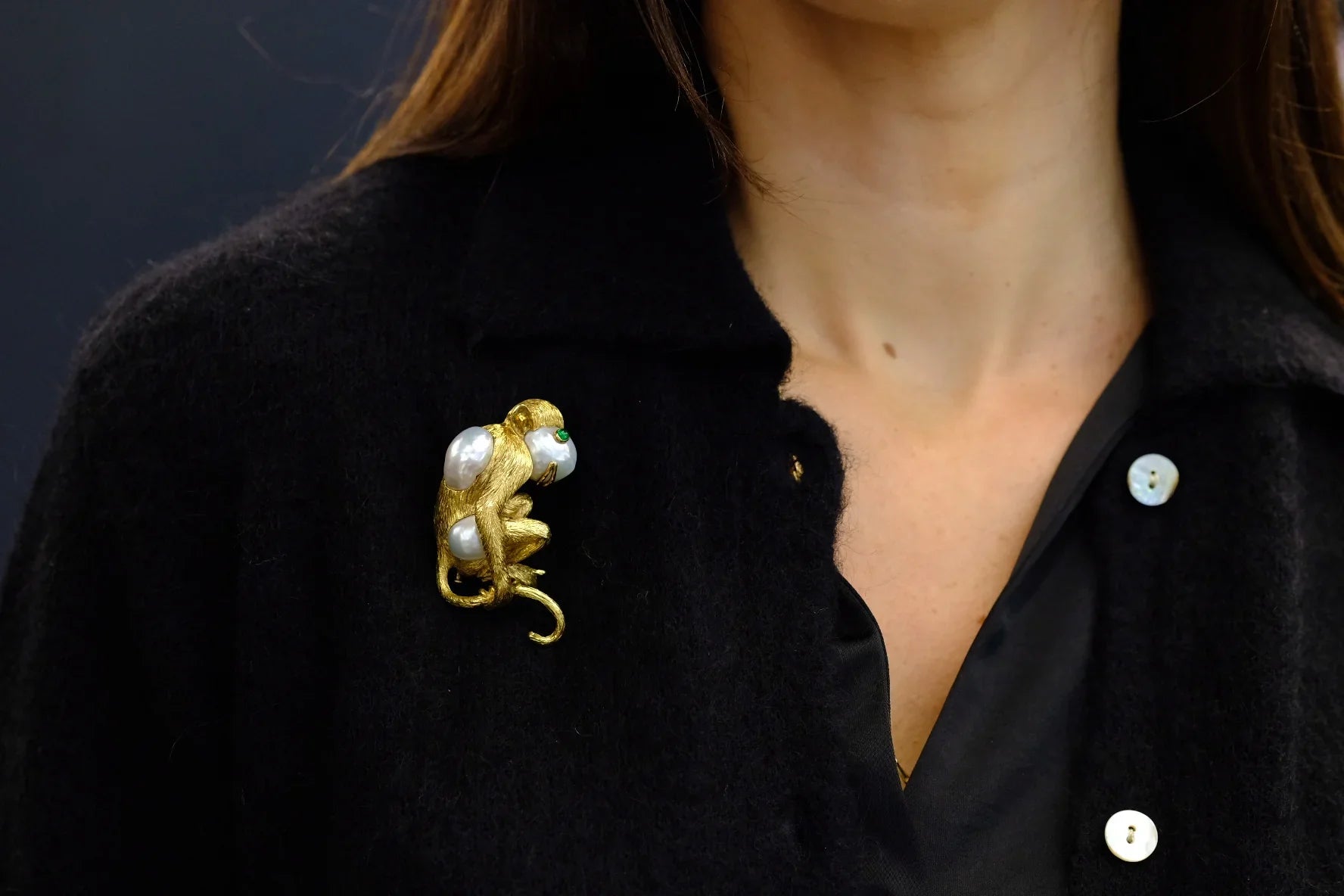 David Webb Platinum & 18K Yellow Gold Monkey On A Pearl And Emerald Eyes Brooch - The Back Vault