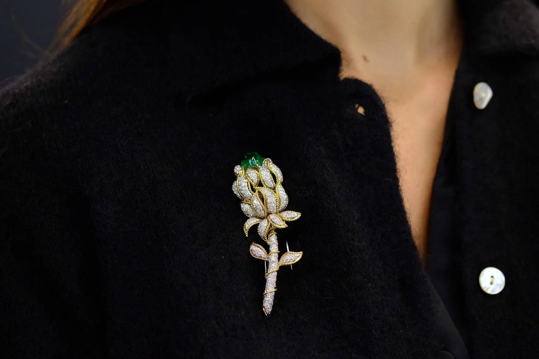 David Webb Platinum & 18K Yellow Gold Green Emerald And Diamond Flower Brooch - The Back Vault