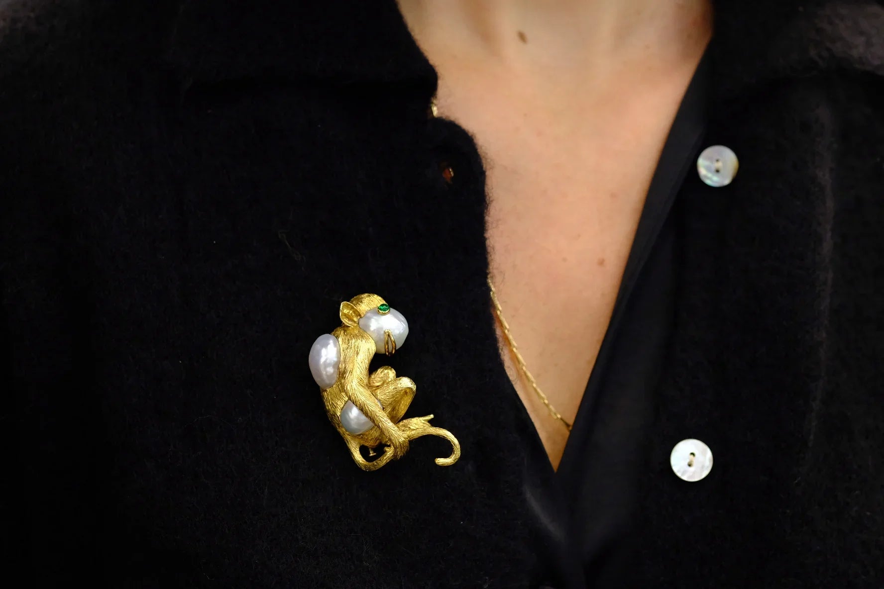David Webb Platinum & 18K Yellow Gold Monkey On A Pearl And Emerald Eyes Brooch - The Back Vault