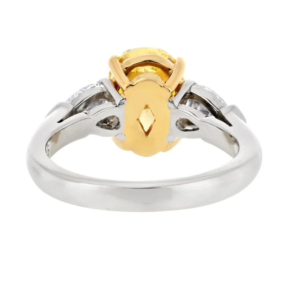 2 carat Oval Diamond GIA 2.53ct Fancy Vivid Yellow Oval Cut Three Stone Ring - The Back Vault