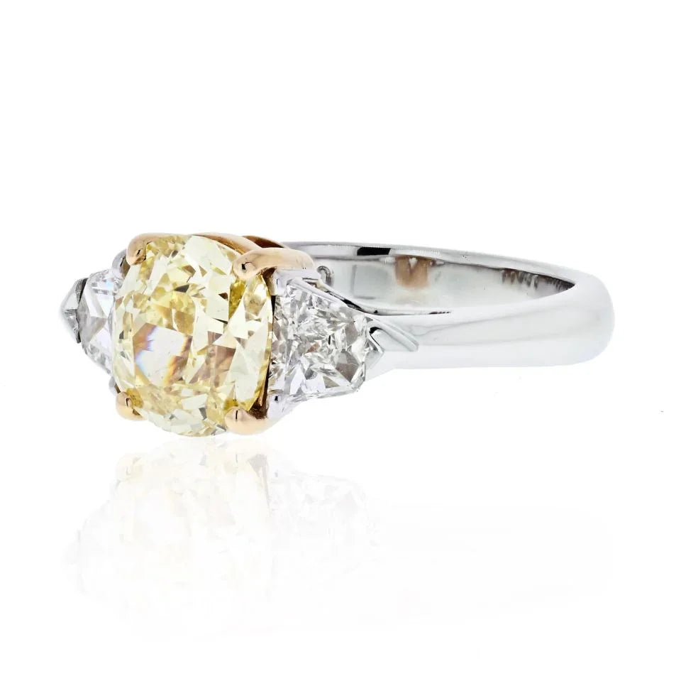 2 carat Cushion Cut Diamond Fancy Yellow GIA side Bullets Ring - The Back Vault