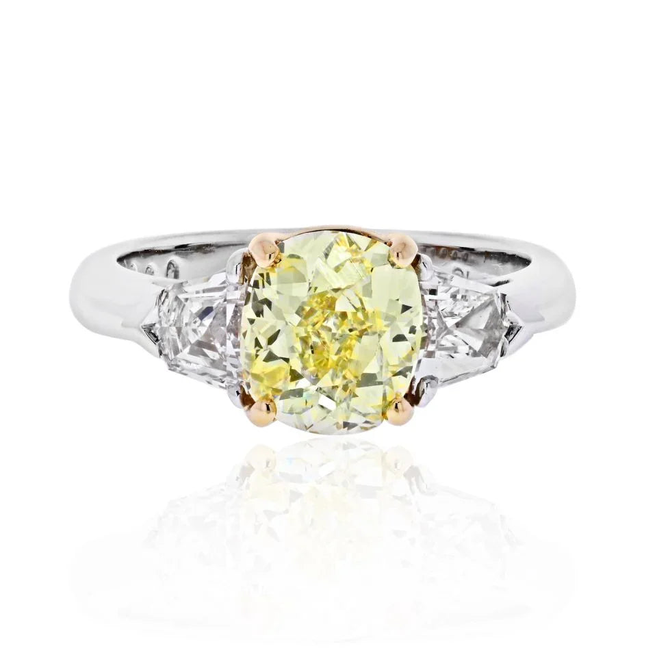 2 carat Cushion Cut Diamond Fancy Yellow GIA side Bullets Ring - The Back Vault