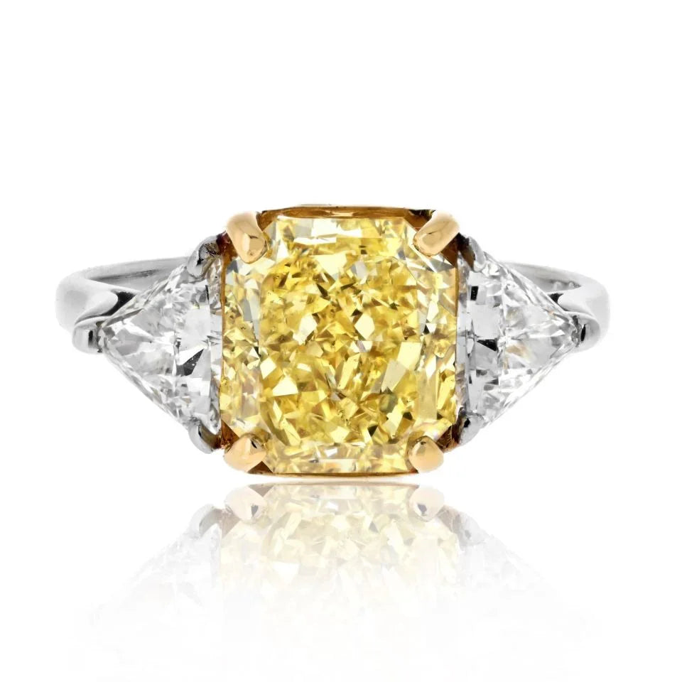 3.04ct Radiant Cut Fancy Intense Yellow Trilliant Cut Diamond Engagement Ring - The Back Vault