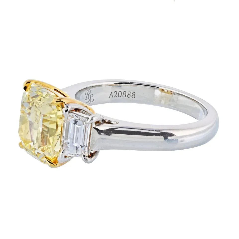 3 carat Radiant Cut Diamond Fancy Intense Yellow GIA With Two Side Trapezoids Three Stone Ring - The Back Vault