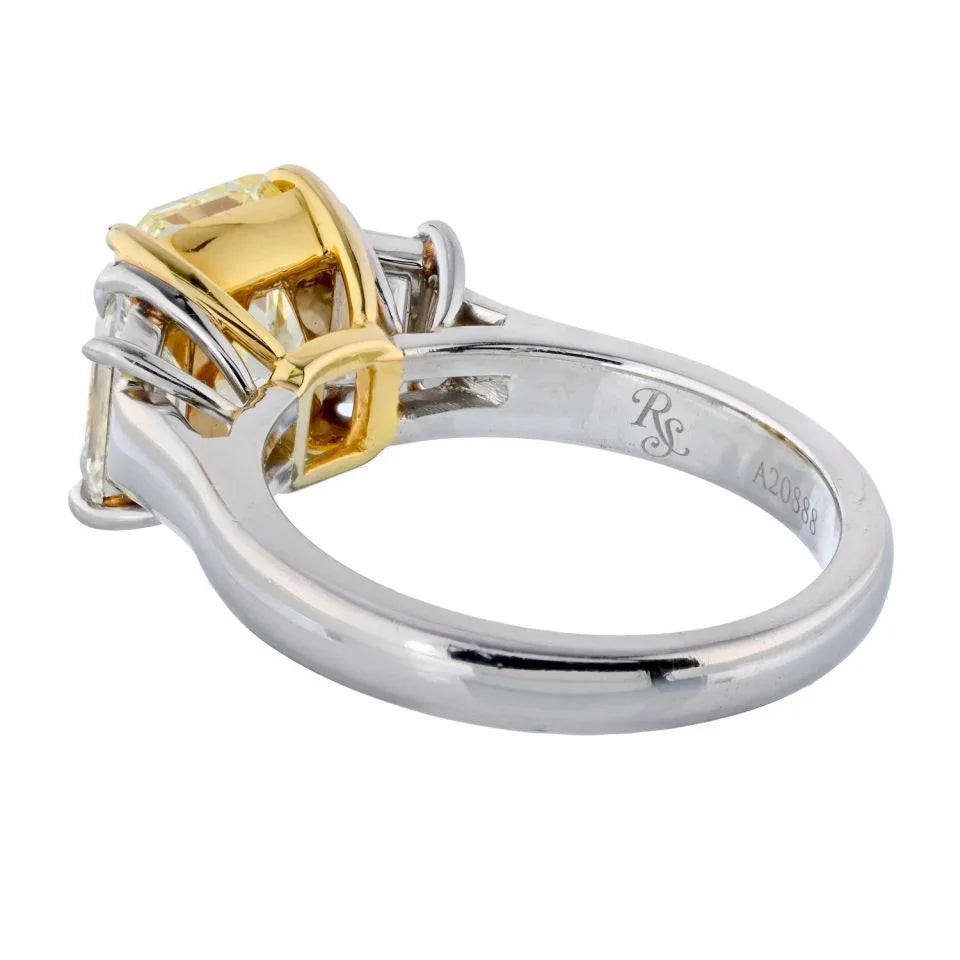 3 carat Radiant Cut Diamond Fancy Intense Yellow GIA With Two Side Trapezoids Three Stone Ring - The Back Vault
