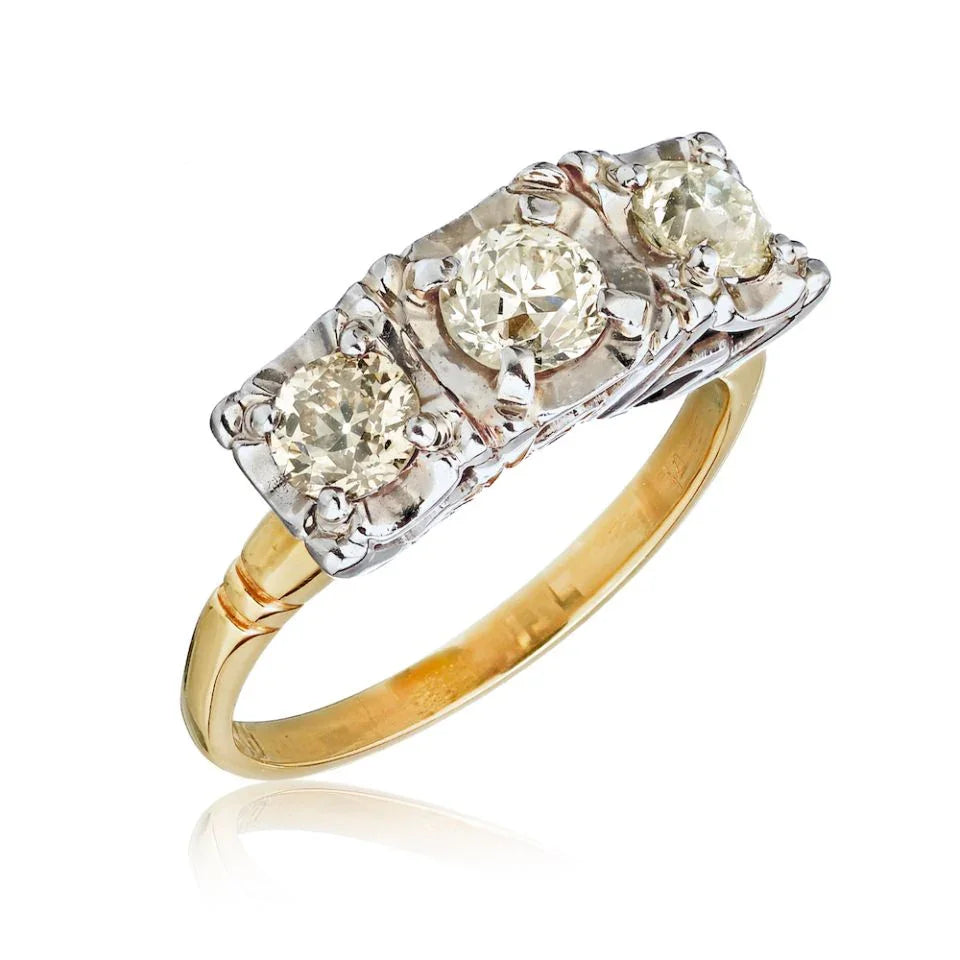 14K Yellow Gold 0.75 Carats Old European Cut Diamond Three Stone Ring - The Back Vault